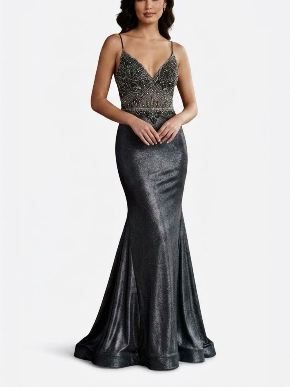 Lucci Lu Floor Length Mermaid Style Gown Size 8 Embellished Bodice Shimmer